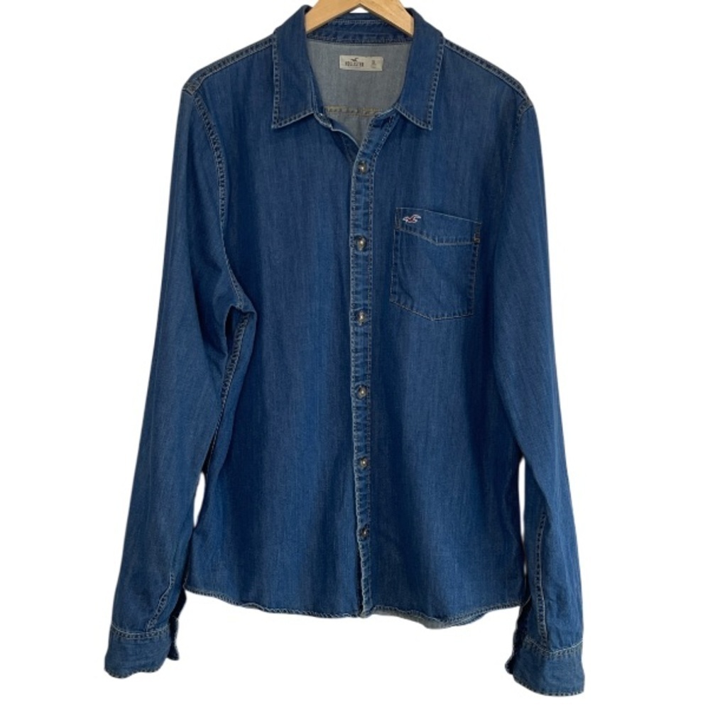Hollister Men's 90s Vibe Denim Button Up Shirt Blue Medium Wash Long Sleeves XL